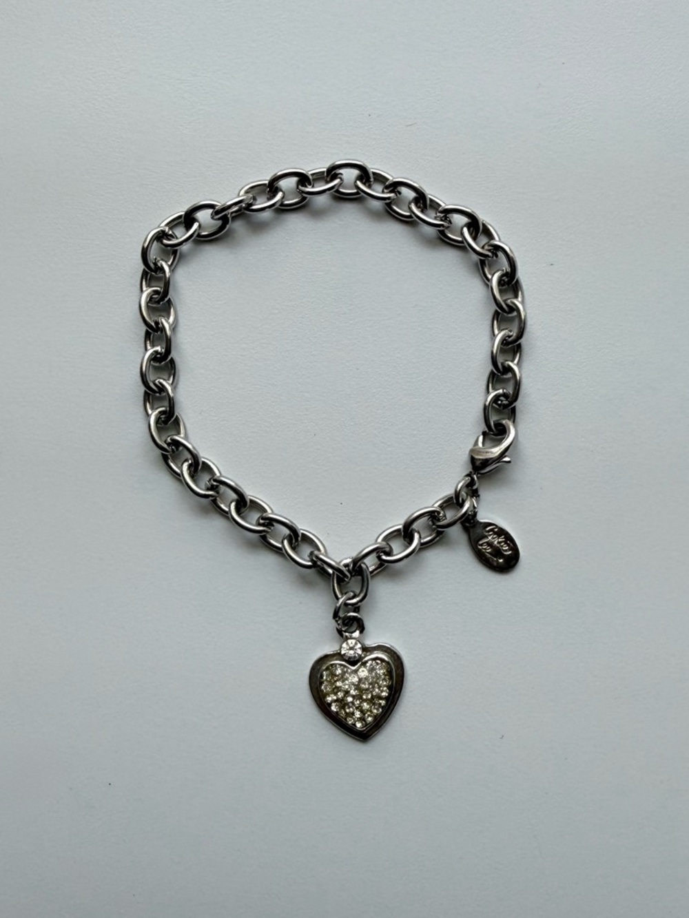 Heart Charm Bracelet | Vintage Cookie Lee Silver Chain Link Rhinestones